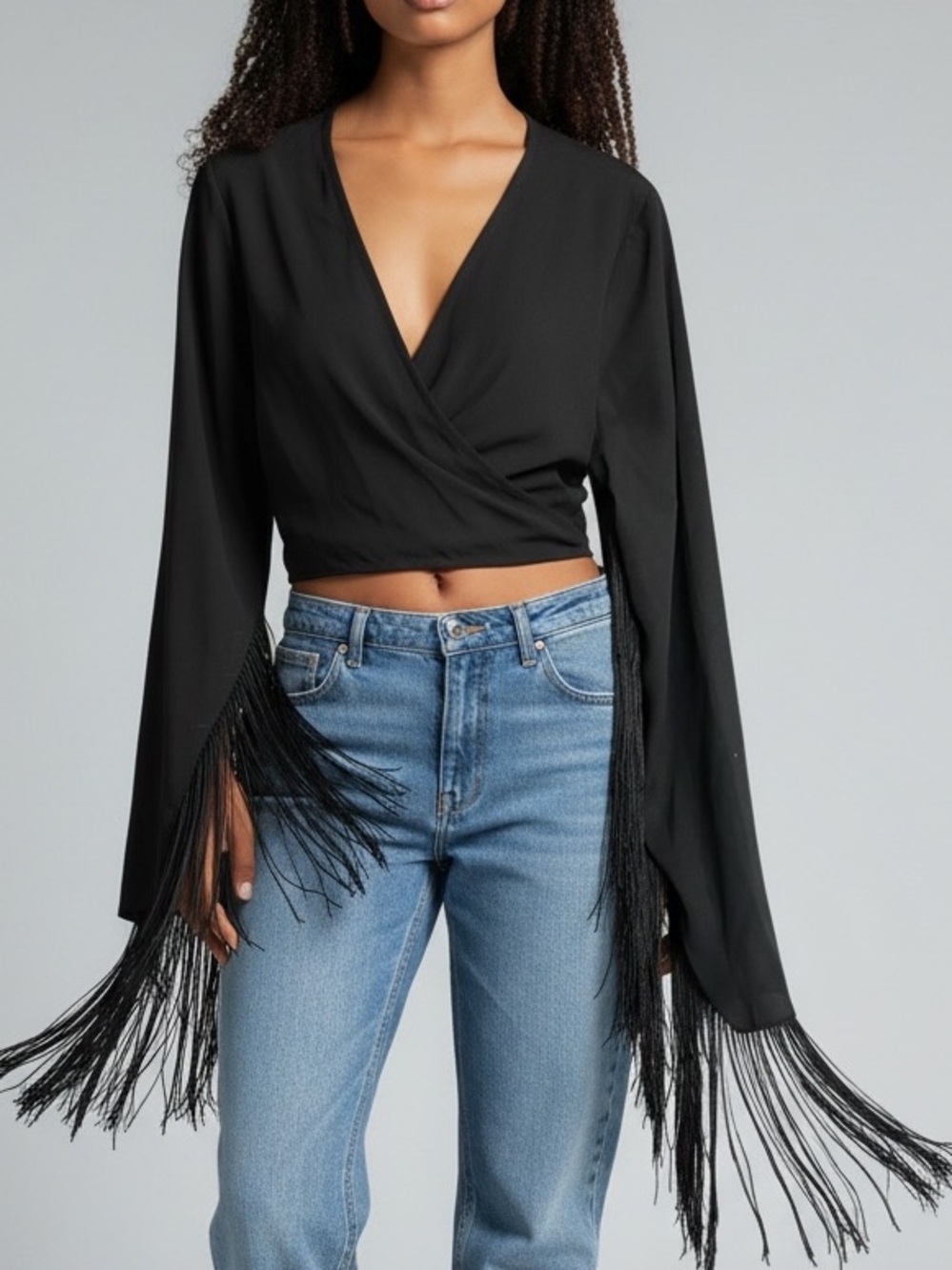ASOS Women's Black Draped Front Blouse Featuring Long Cascading Sleeve Fringe